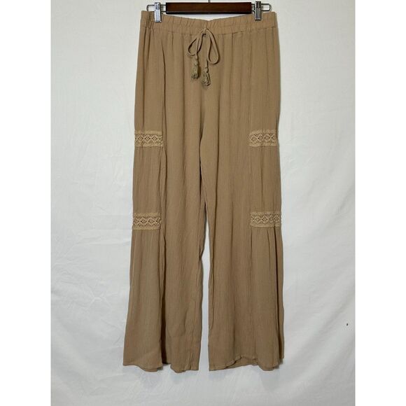 Kingston Grey Juniors' High-Rise Wide-Leg Gauzy Pants Lace Panel Inserts Size M - Picture 1 of 5